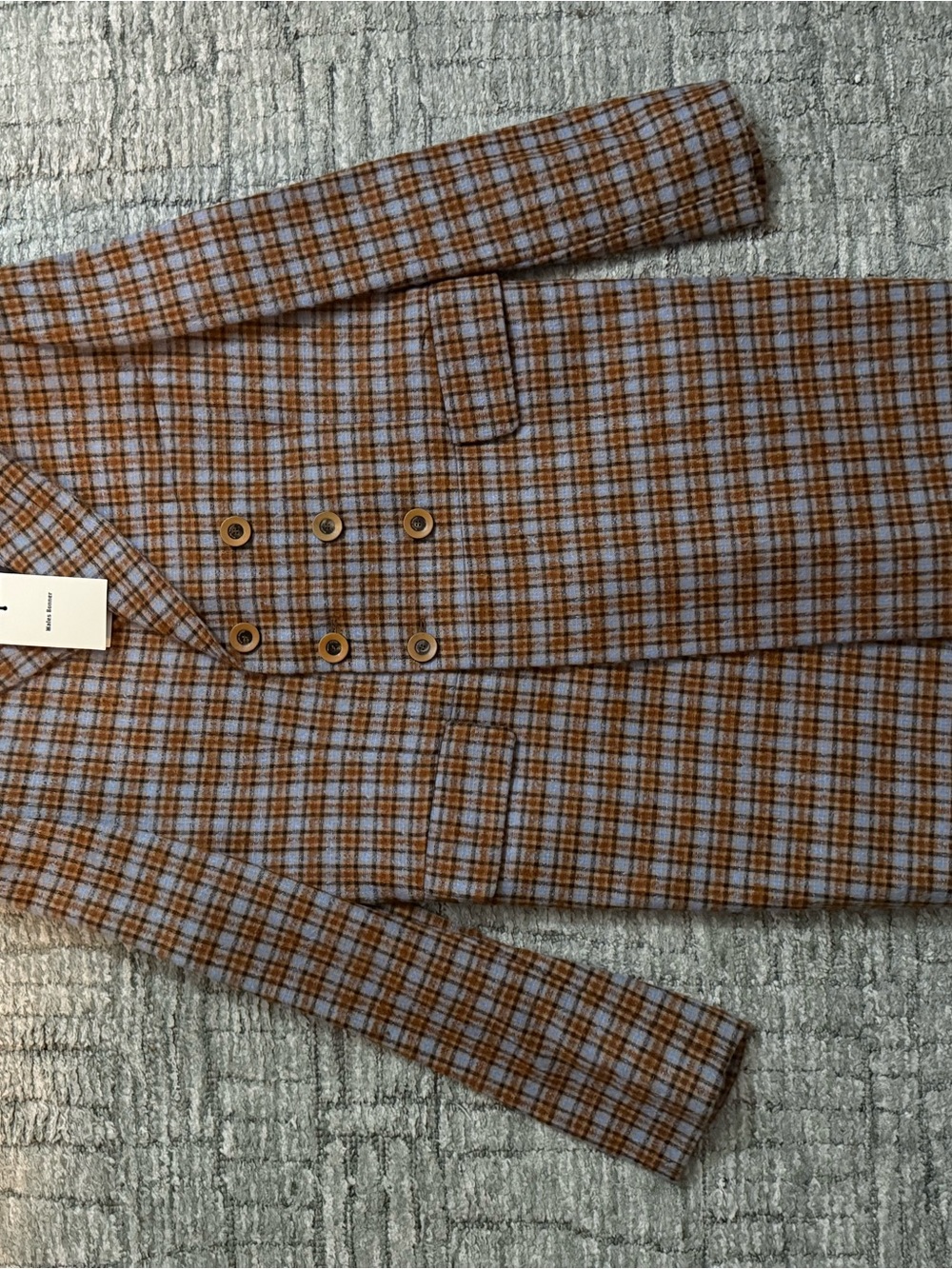 Wales Bonner Double-Breasted Plaid Blazer in Brown and Blue